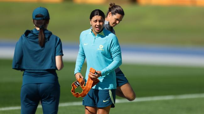 Sam Kerr arrived for Matildas training in Brisbane on Sunday morning. Picture Lachie Millard