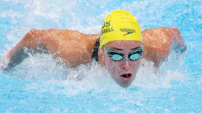 TOKYO, JAPAN - JULY 24: Brianna Throssell of Team Australia competes in heat five of the Women's 100m Butterfly on day one of the Tokyo 2020 Olympic Games at Tokyo Aquatics Centre on July 24, 2021 in Tokyo, Japan. (Photo by Tom Pennington/Getty Images)