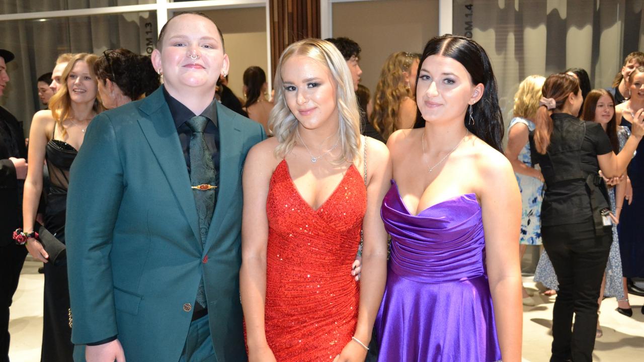 Macey Coom, Mia Kleinhans and Hayley Smith at Lowood State High School formal in Ipswich Civic Centre on Wednesday, November 13, 2024. Picture: Amber Blums