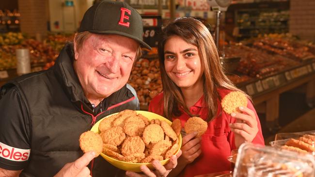 Coles - Towards a Better Future. AFL great Kevin Sheedy is urging all Australians to support veteran charity The Bravery Trust by buying Coles brand Anzac biscuits between April 20 to 25. Coles is donating 50 cents from every packet to help provide financial support to returned veterans in need. Sheedy is pictured with Dimple Thakkar, Coles bakery manager. Picture: Rob Leeson.