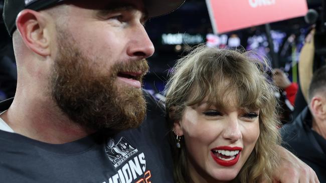 BALTIMORE, MARYLAND - JANUARY 28: Travis Kelce #87 of the Kansas City Chiefs celebrates with Taylor Swift after a 17-10 victory against the Baltimore Ravens in the AFC Championship Game at M&T Bank Stadium on January 28, 2024 in Baltimore, Maryland. (Photo by Patrick Smith/Getty Images)