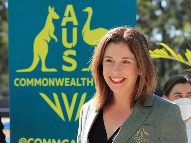 July 15 2022. The Federal Minister for Sport The Hon Anika Wells is presented with an Australian Commonwealth Games Team blazer by the Australian Diving Team at the Brisbane Aquatic Centre.Picture Scott Powick Australian Commonwealth Games Media.