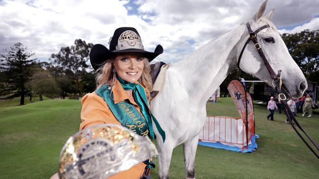 Jessie Nott, 2023 Warwick Rodeo Queen, on Lena the Australian stock horse, at the media launch for the Ariat 2024 at Warwick Rodeo &amp; Pryde's EasiFeed Warwick Gold Cup Campdraft, Warwick Rodeo. Photo: Steve Pohlner.