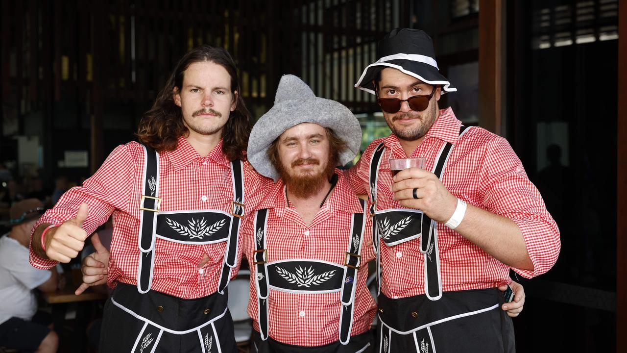 Tom Standish, Alex Moss and Jonty Van De Scheur dressed to impress at Hemingway's Brewery's Oktoberfest celebrations. Picture: Brendan Radke