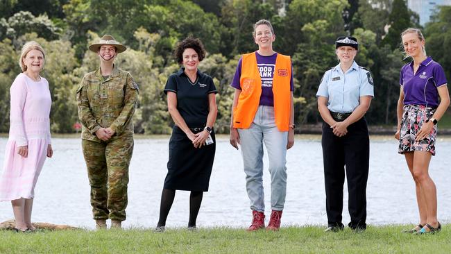 Sullivan Nicolaides pathologist Dr Jenny Robson, Captain Alice Walthall, Mater Hospital phlebotomist Trish Dickson, Foodbank warehouse distribution manager Corinne Chilcott, police acting sergeant Rebekah Woulff and UQ virologist Dr Kirsty Short. Picture: Tara Croser