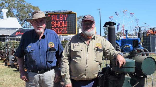 Allan Jackson (left) and Darren Grey (right) prepare their 43 engines prior to the world record attempt at the Dalby Show 2023. Picture: Emily Devon