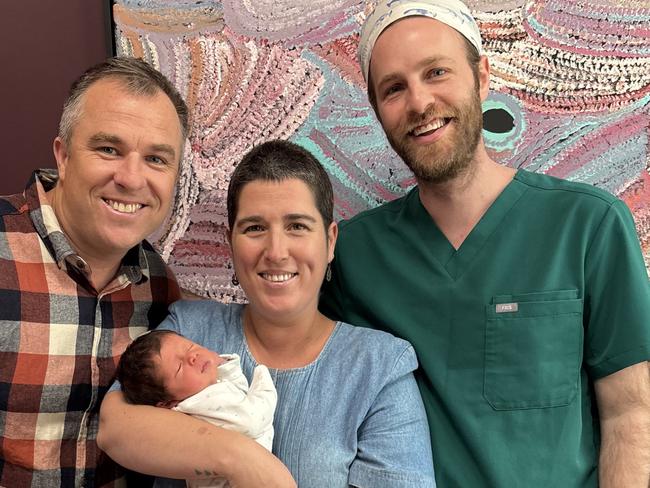 Liam, who was born at the Epworth Freemasons, with dad Oliver Carroll (left), mum Rocio Albornoz and specialist obstetrician Dr Scott Shemer. Image: Supplied.