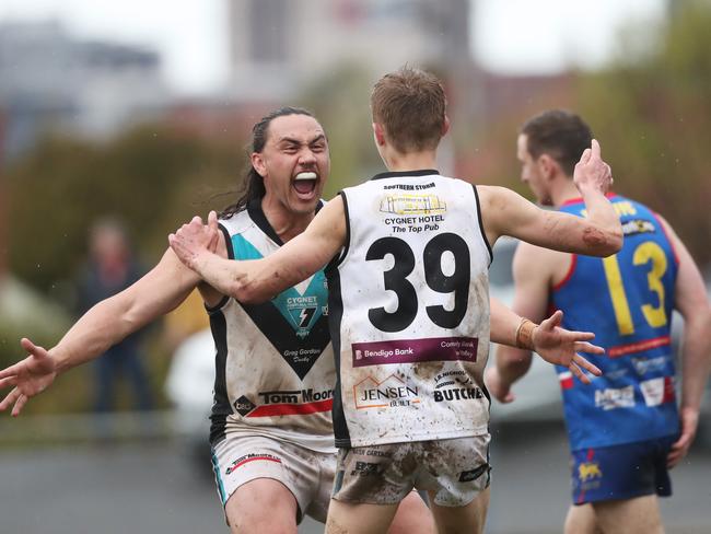 Thor Boscott Cygnet playing coach with Jesse Cowen.  Huonville Lions V Cygnet seniors.  SFL grand finals at North Hobart Oval.  Picture: Nikki Davis-Jones