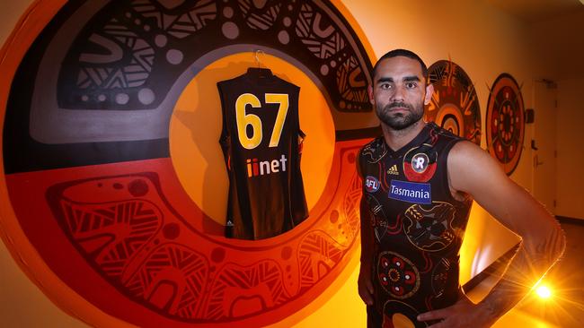 Shaun Burgoyne, with the no 67 guernsey he wore for the Sir Doug Nicholls indigenous round last year. Picture: Michael Klein