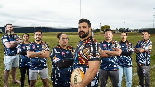 TRL players (from left) Dennis Burgoyne, Cydnee Young, Zac Alberts, Rhiannon Melville, Josh Stanton, Cory McGrady, Morgan Melville and Geoffrey Prince take a stand against racism in the game. Picture: Kevin Farmer