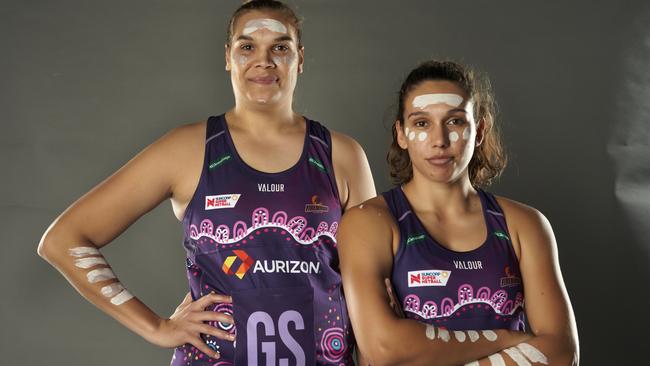 Firebirds Indigenous players Donnell Wallam and Jemma Mi Mi were outstanding in the club’s pivotal First Nations round win against West Coast Fever. Picture: Queensland Firebirds