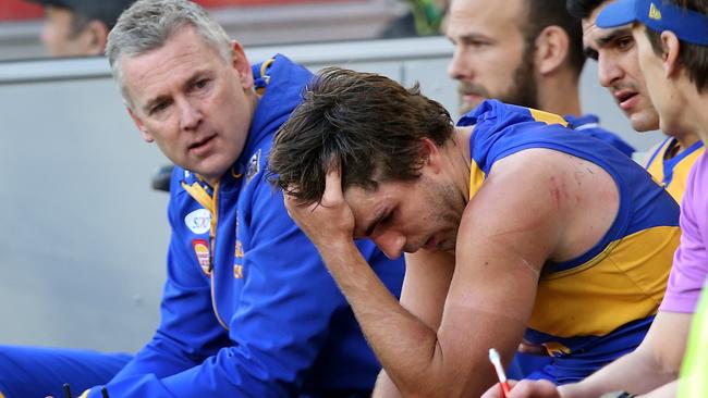 PERTH, AUSTRALIA - AUGUST 05:  Andrew Gaff of the Eagles looks dejected sitting on the bench during the round 20 AFL match between the West Coast Eagles and the Fremantle Dockers at Optus Stadium on August 5, 2018 in Perth, Australia.  (Photo by Paul Kane/Getty Images)