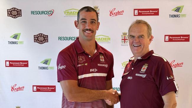 Adelaide Crows player Taylor Walker with Prince Alfred Old Collegians football director Jim Parkinson after he was announced as an assistant coach at the club. Picture: Prince Alfred Old Collegians.