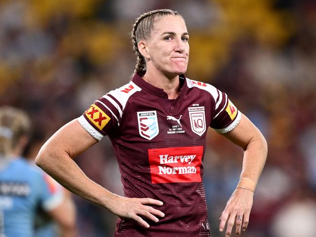 BRISBANE, AUSTRALIA - MAY 01: Ali Brigginshaw of the Maroons reacts during game one of the Women's State of Origin series between the Queensland Maroons and New South Wales Blues at Suncorp Stadium on May 01, 2025 in Brisbane, Australia. (Photo by Hannah Peters/Getty Images)