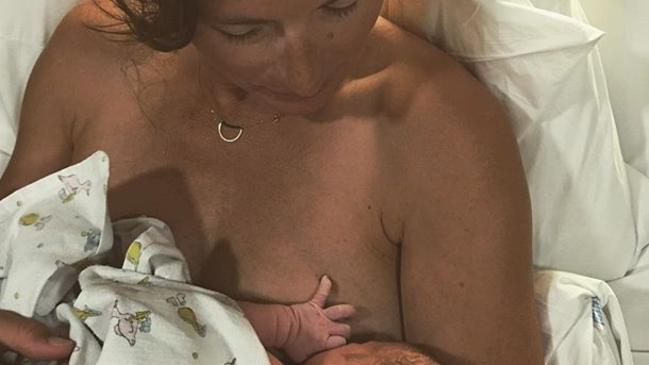 Jools Oliver Instagrammed this image of herself nursing her newborn baby. Picture: Supplied/Jamie Oliver