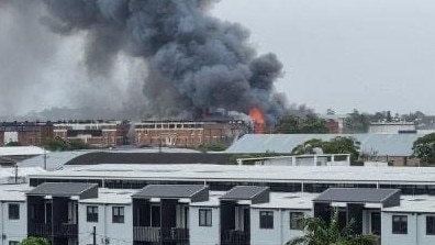 The former wool sheds ablaze on Tuesday. Picture: Fire and Rescue NSW.