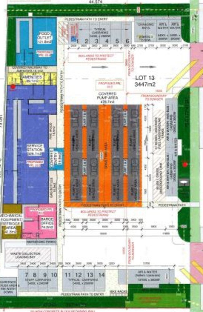 Development application documents show the pink area will be the new Manta Ray Barge ticket office, the blue will be the new service station, and the aqua area will be the new takeaway outlet. The orange area is the petrol pumps.