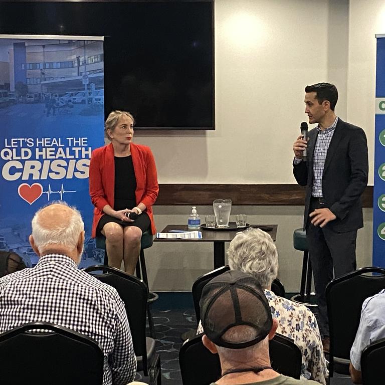 LNP Health spokeswoman, Ros Bates (left) and Opposition Leader David Crisafulli during the LNP ‘health crisis town hall’ at Gladstone on Friday. Picture: Nilsson Jones