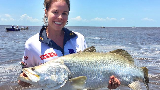 Tiffany Parsell’s 101cm barra made it three metreys for Grant Edwards’ boat last Sunday