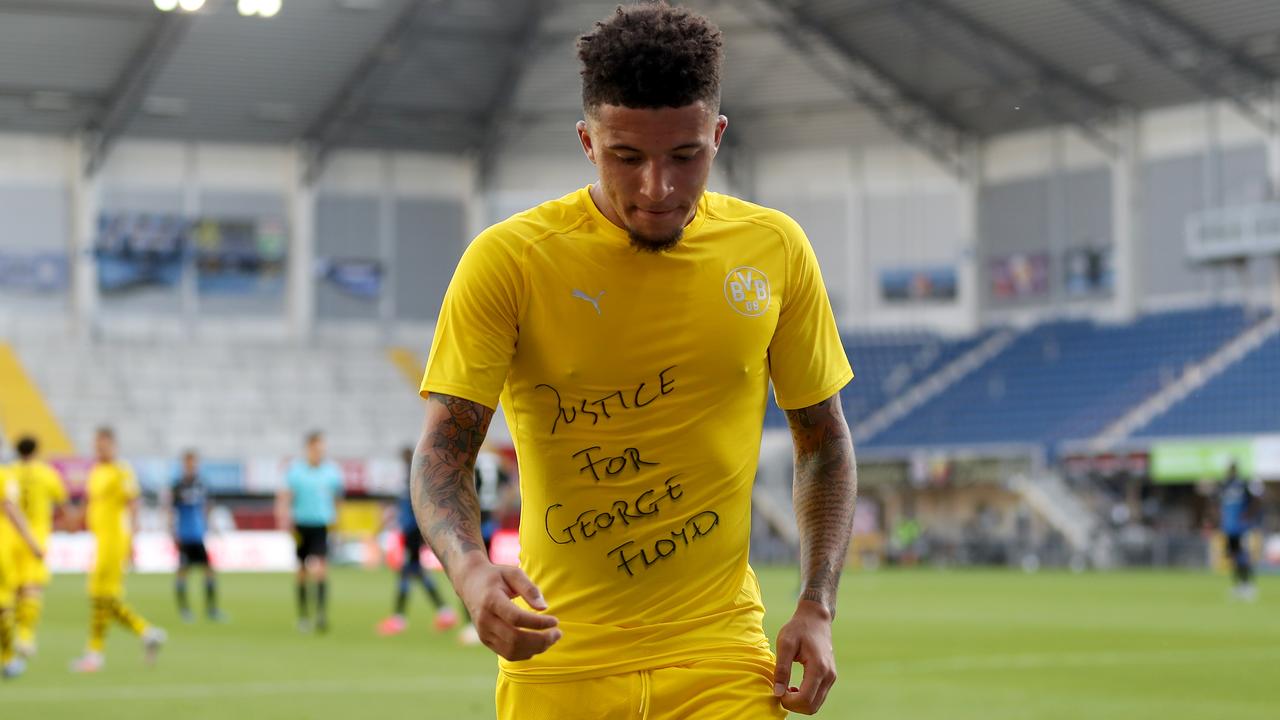 Jadon Sancho may be sanctioned for his show of solidarity. (Photo by Lars Baron/Getty Images)