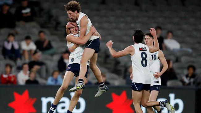 Aaron Cadman (L) celebrating a goal during the 2022 U18 Championships. Picture: Getty Images