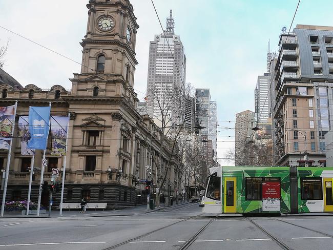 The effects of a stage 4 lockdown are evident as the streets of Melbourne's CBD resemble at times a ghost town. Picture : Ian Currie