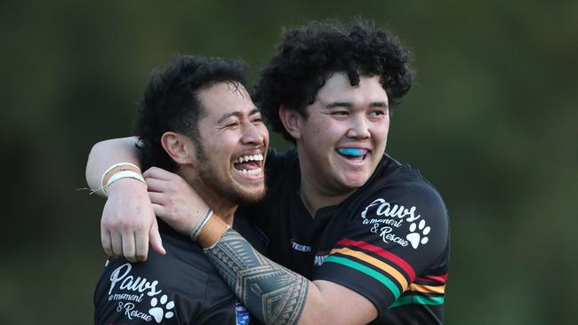 Michael Cheer and Tyler Tuigamala celebrate a try in Berkeley Vale’s win over Wyong. Picture: Sue Graham