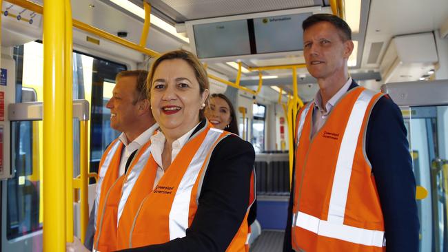 Premier Annastacia Palaszczuk inspects a new Gold Coast tram with Deputy Premier Steven Miles (left), Transport Minister Mark Bailey and Member for Gaven Meaghan Scanlon. Picture: Tertius Pickard/NCA NewsWire