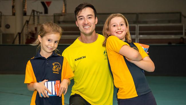 Lucy Parker, Nick Timmings and Charlotte Parker as Olympians run training drills with Katherine kids at the YMCA as part of Olympics Unleashed program. Picture: Pema Tamang Pakhrin