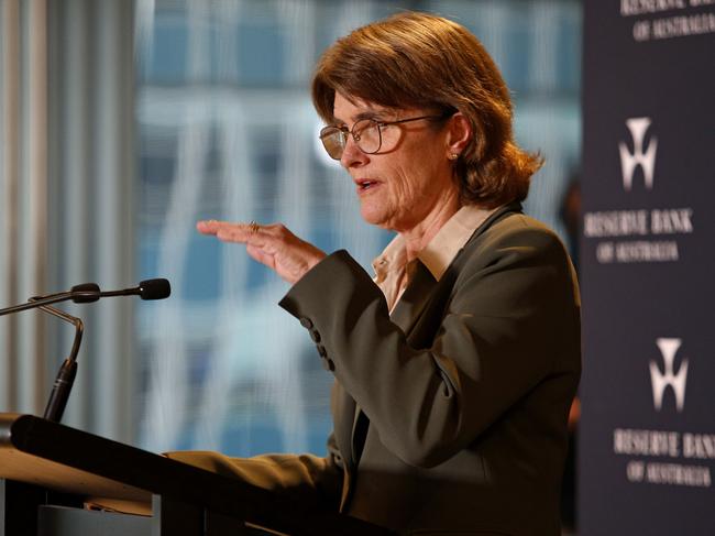 SYDNEY, AUSTRALIA - NewsWire Photos SEPTEMBER 24 , 2024:   Reserve Bank Governor Michele Bullock holding a press conference discussing the Reserve Bank Board's monetary policy decision. Rates will remain the same for now until inflation drops further. Picture: NewsWire / John Appleyard