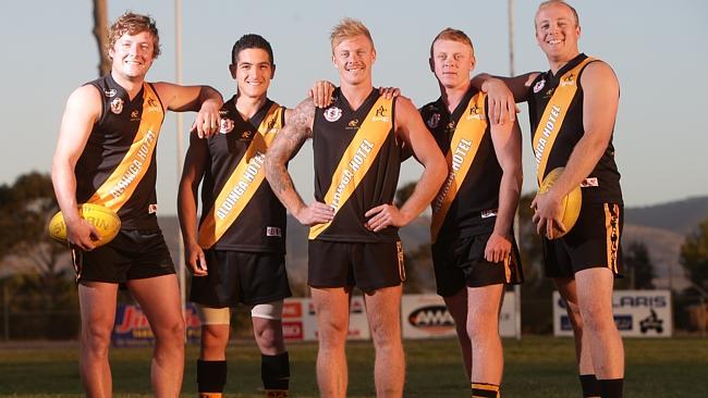 Aldinga Sharks players, from left, co-captain Daniel Dempsey, Joel Morley, co-captain Zach Ellis, Scott Ellis and Tyler Harman at their home oval at Aldinga. Picture: Calum Robertson. 