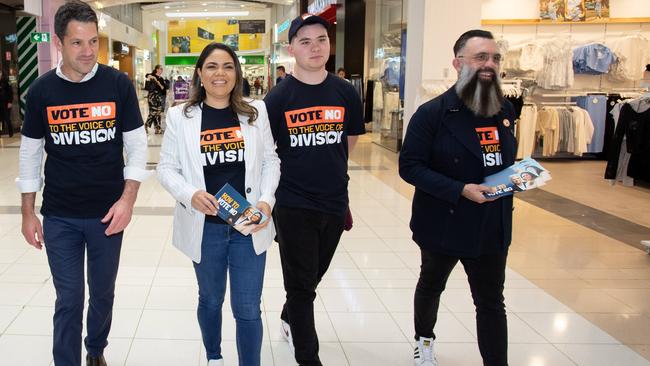 Senator Alex Antic, Jacinta Nampijinpa Price, Kinkade Lillie and Colin Lillie on the campaign trail at Elizabeth Shopping Centre on Thursday. Picture: Brett Hartwig