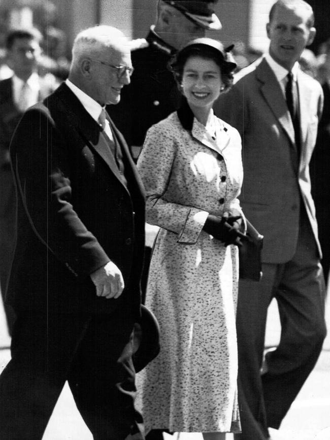 Queen Elizabeth II with Premier Robert Cosgrove, left, at Western Junction Airport, Launceston, during her 1954 visit to Tasmania.