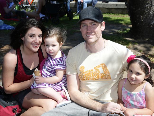 Jessica and Ben Mooney with Paige, 2, and Mia, 5, of Quakers Hill at the Manly Jazz festival in 2016. Picture: Martin Lange