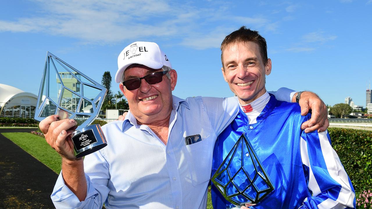 Trainer Kevin Hansen and jockey Justin Stanley after Sweet Dolly won the 2YO Jewel at the Gold Coast. Picture: Trackside Photography