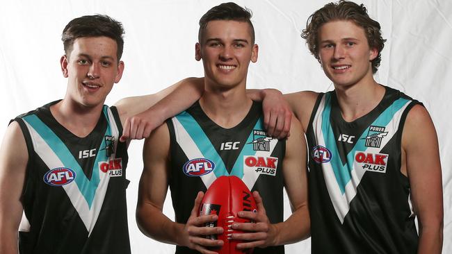 Port Adelaide’s first-round selections from the 2018 draft: Zak Butters, Connor Rozee and Xavier Duursma. Picture: Michael Klein