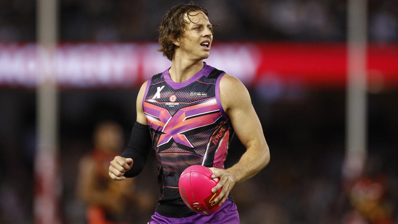 Nat Fyfe played AFLX with a sleeve over his elbow. He will undergo minor surgery this week. (AAP Image/Daniel Pockett)