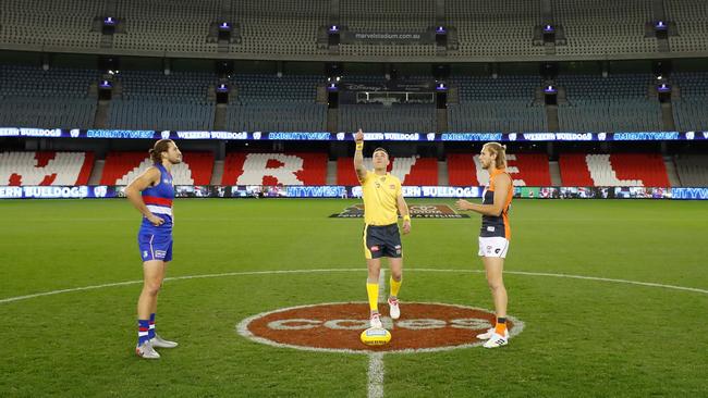 Nick Haynes tossed the coin for GWS. Picture: Getty Images