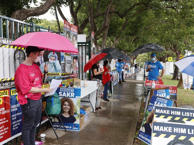 SUNDAY TELEGRAPH. FEBRUARY 12, 2022.Pictured in the rain are volunteers outside the polling booth at Chalmers Rd School in Strathfield, waiting for people to arrive to vote in the Strathfield By Election today. Picture: Tim Hunter.