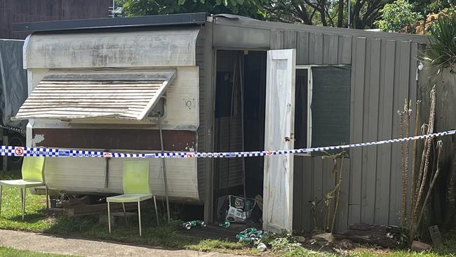 VB cans piled outside one of the homes in Tweed Ski Lodge Caravan Park where a body was found early on Thursday morning. Picture: David Bonaddio