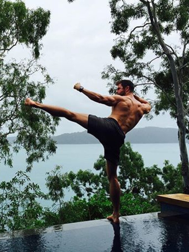 Chris Hemsworth channelling his inner Kung Fu Panda while staying at Qualia on Hamilton Island. Picture: Supplied