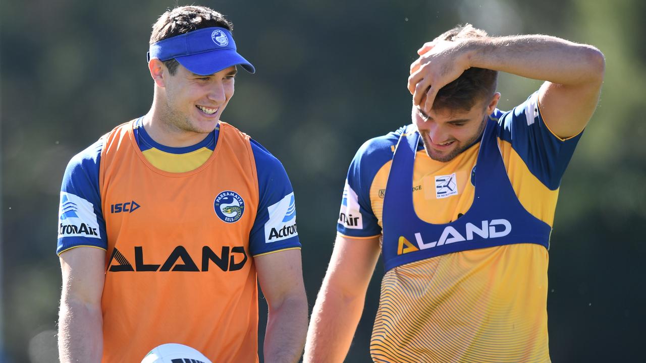 Supercoach cheapie Jaeman Salmon (R) will partner Mitchell Moses in the halves this week after the Dylan Brown injury. Picture: AAP