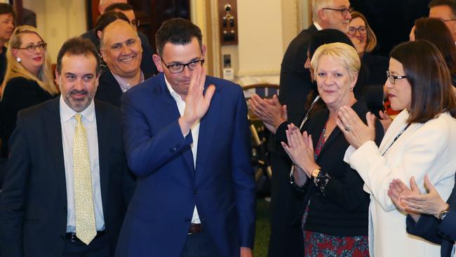 Members of the Victorian Labor Party applaud Premier Daniel Andrews as he arrives for their first caucus meeting at the Victorian Parliament House in Melbourne, Tuesday, November 27, 2018. (AAP Image/David Crosling) NO ARCHIVING