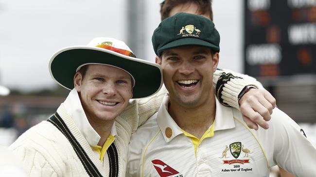 Australia’s Steve Smith and Alex Carey during day three of the tour match against Derbyshire CCC at The County Ground. Picture: Ryan Pierse/Getty Images.