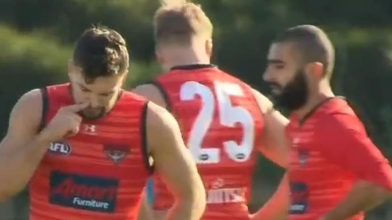Conor McKenna during Essendon's training yesterday from Channel Seven footage (Picture: Seven News)