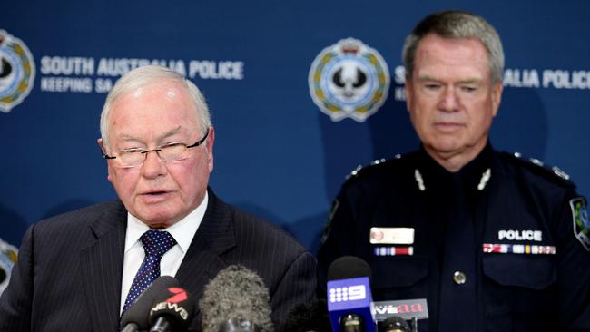 The 2014 press conference about Operation Bandicoot given by ICAC commissioner Bruce Lander and police commissioner Gary Burns. Picture: Kelly Barnes