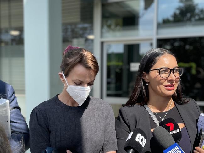 Kristie Merrett (left), 52, of Bellingen, outside Gosford Local Court, after being granted bail for dangerous driving occasioning the death of James Edds, 9, while under the influence. Picture: NewsLocal