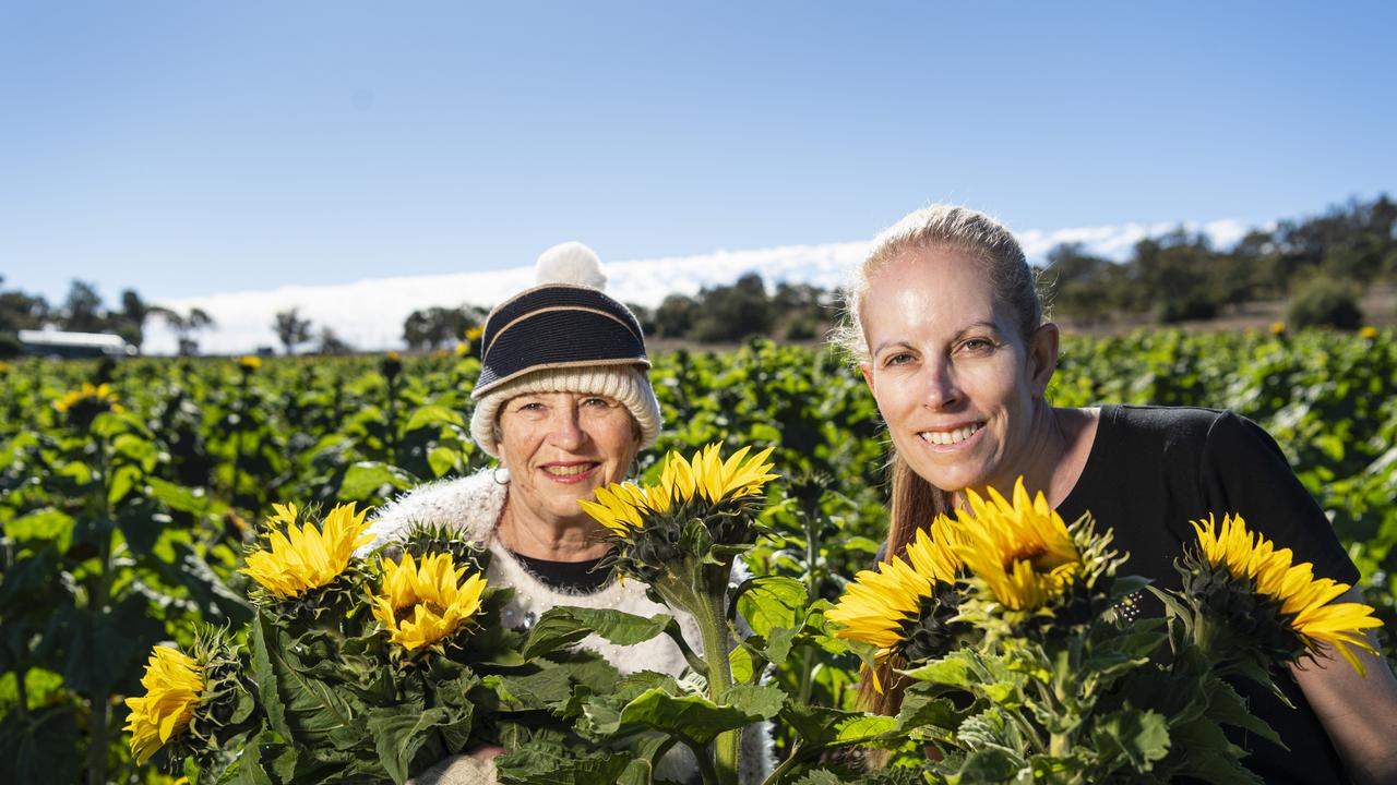 Kathleen (left) and Sharon O'Neill at Warraba Sunflowers, Saturday, June 22, 2024. Picture: Kevin Farmer