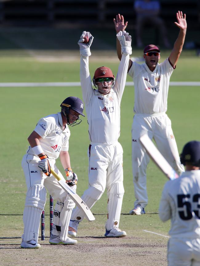 Marcus Harris is out caught behind off the bowling of Mitchell Swepson. Picture: AAP