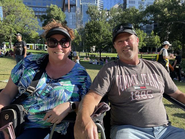 Kath and Michael Hillier at Flagstaff Gardens in the Melbourne CBD for the 2024 New Year's Eve fireworks. Picture: Himangi Singh